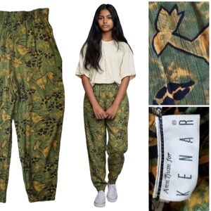 Vtg 90s Ann Tjian for Kenar Green Crinkle Straight Ankle Pant Bird Art To Wear S